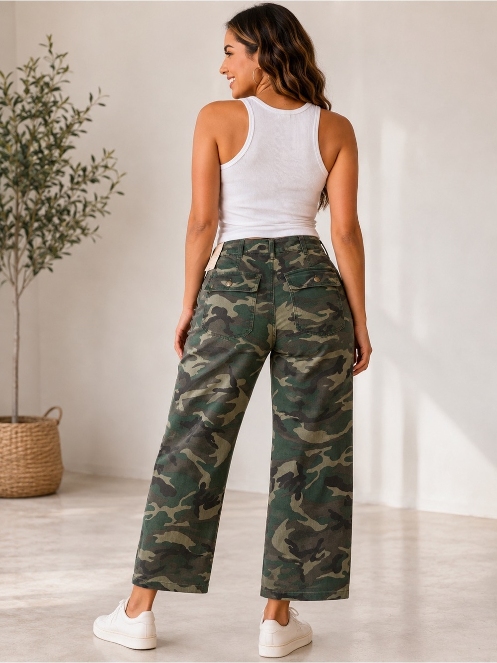 Flamingals Camo Wide Leg Utility Pants High Rise Patch Pocket - Picture 2 of 2